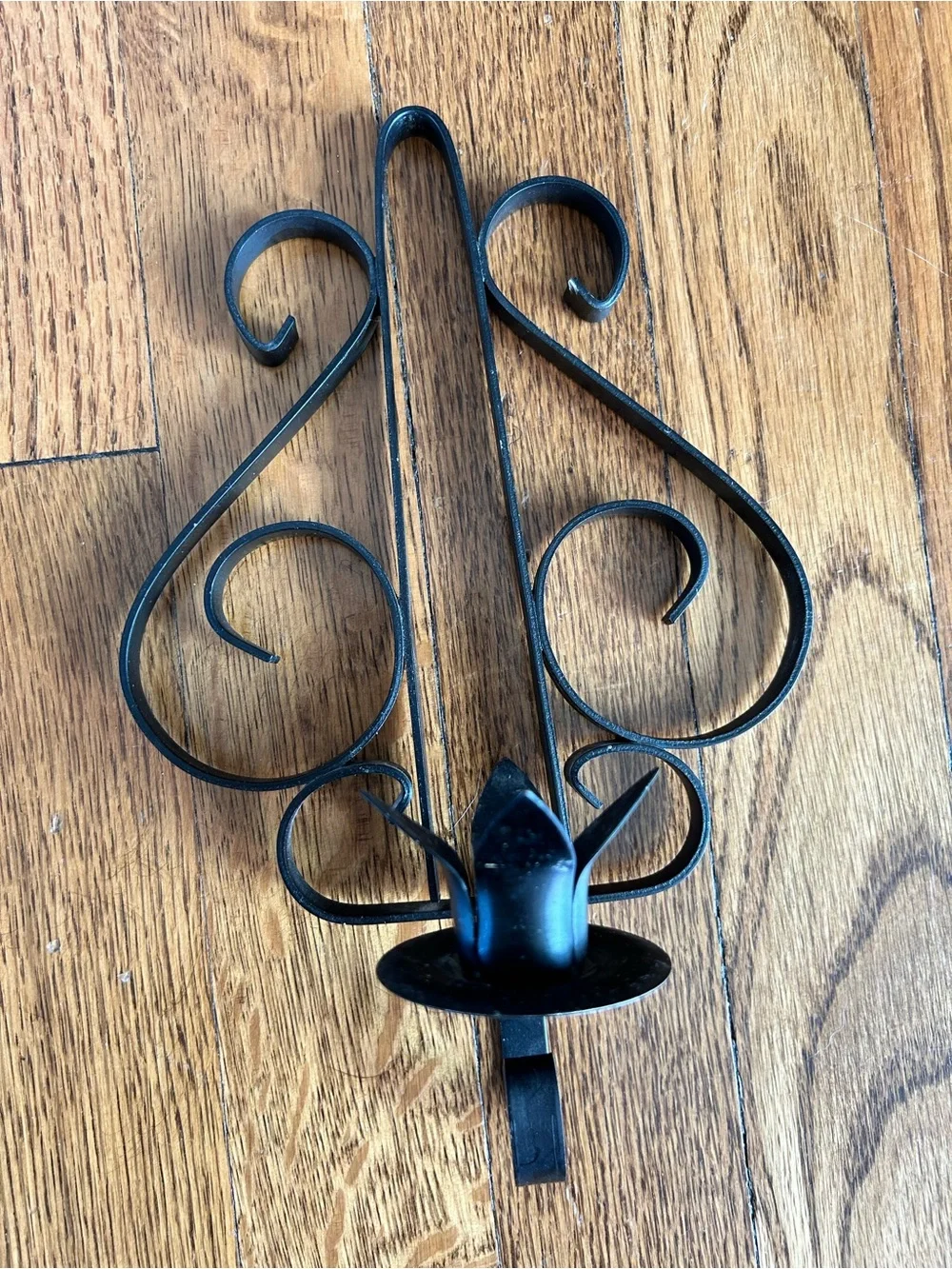 Matching Pair of Vintage Black Wrought Iron Metal Wall Candle Sconces